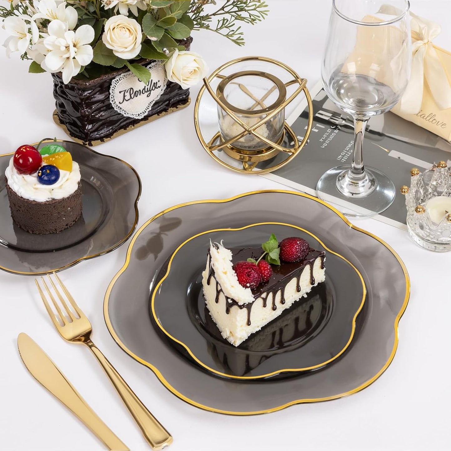 Liacere 100PCS Durable Plastic Plates-Gray Plastic Plates with Gold rim-100PCS Gray Dinner Plates, Perfect for Wedding & Party & Holiday