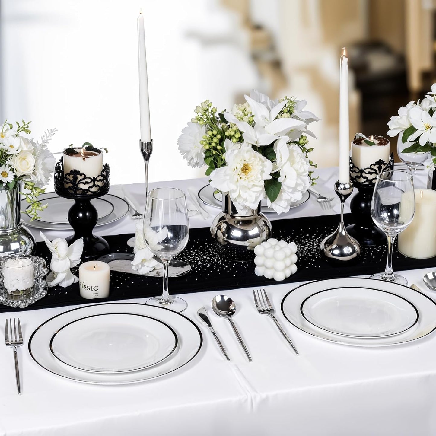 LIYH 120 Pcs White Plastic Plates with Black Rim - Halloween Plates Disposable Plate Dishes for Party Wedding Includes 60 Dinner 10.25" & 60 Dessert Plate 7.5" for Party Birthdays Halloween 60 Guests