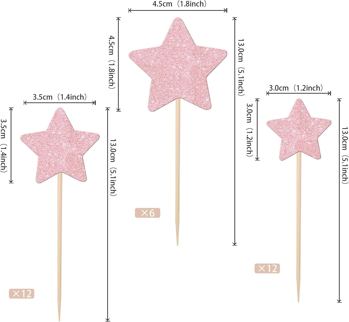 30 PCS Star Cupcake Toppers Glitter Assembled Twinkle Star Cupcake Picks Wedding Engagement Bridal Shower Birthday Party Cake Decorations Supplies Mixed Size Light Pink