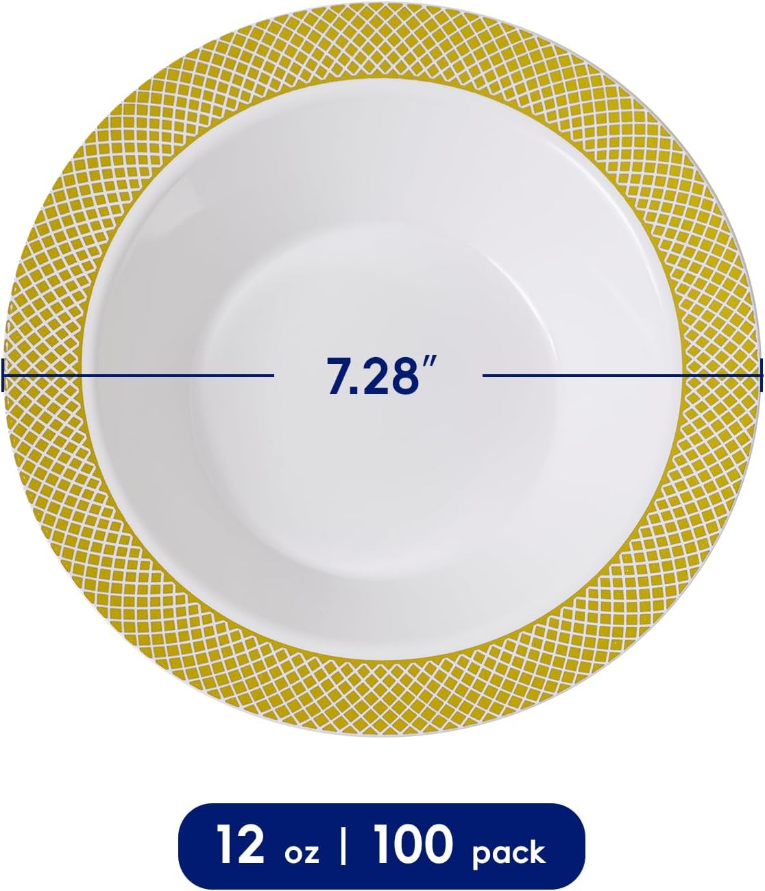 JOLLY CHEF 100 Disposable Plastic Bowls, 12oz Heavy Duty Disposable Dinner Bowls, Dessert Bowls with Gold Rim for Parties, Dinners, Catering, Thanksgiving and Everyday Use