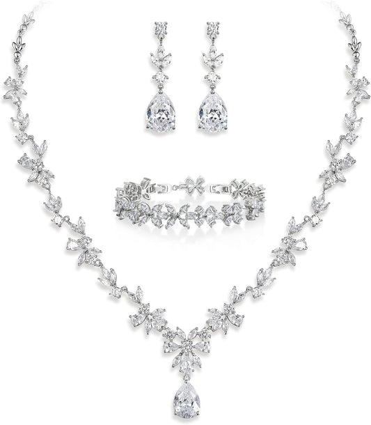 Crysdue Wedding Jewelry Set for Women, Floral Leaf Vine Teardrop Necklace Dangle Earrings Bracelet and Hair Comb, Cubic Zirconia Elegant Party Prom Jewellery for Bridal Bridesmaid