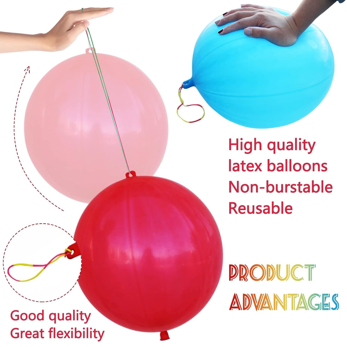 30Pcs Punch Balloons, Thickened Neon Punching Balloon Heavy Duty Party Favors for Kids with Rubber Band Handle, Bouncy Balls for Birthday Weddings Goodie Bag Stuffer Supply