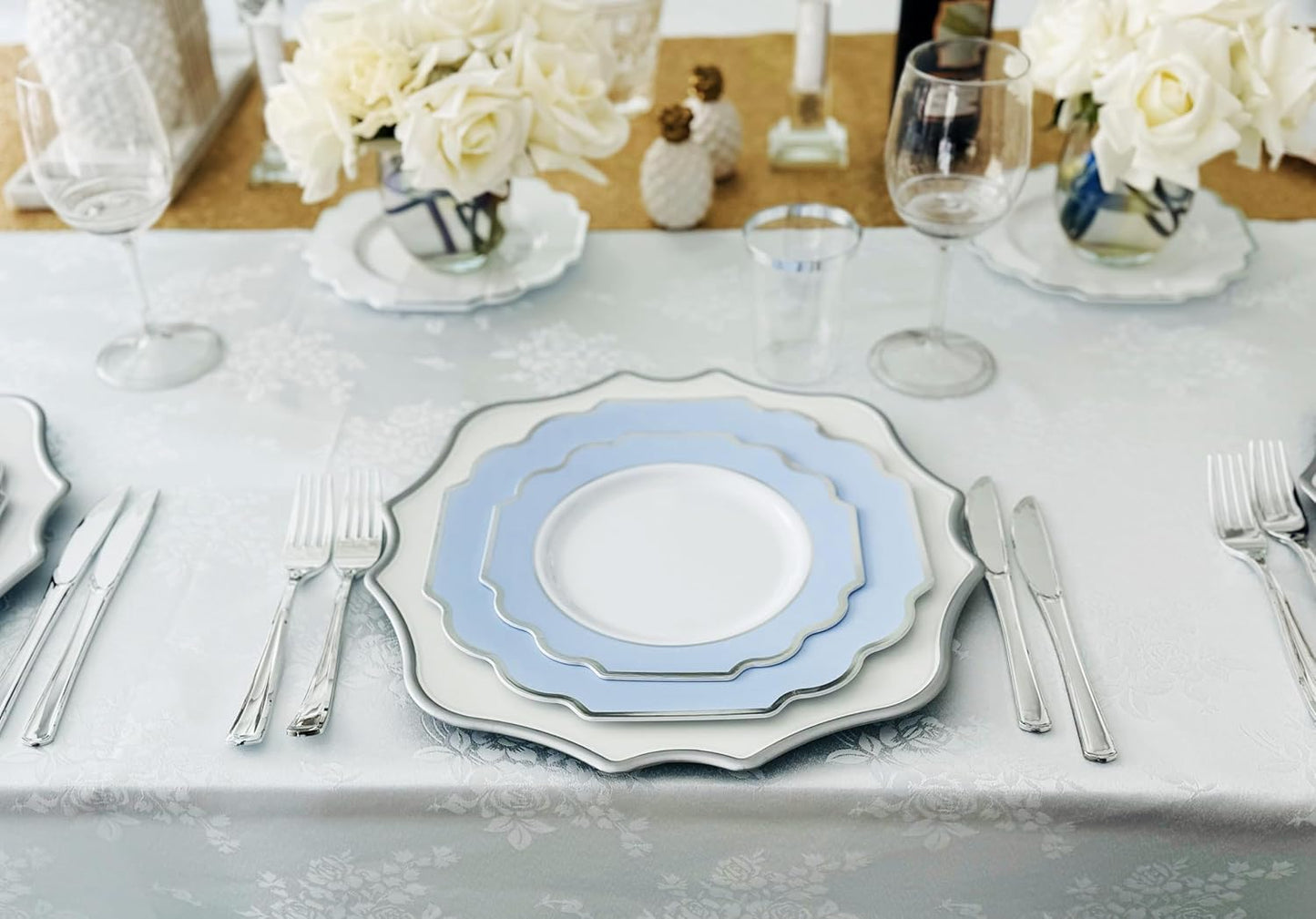" OCCASIONS " 50 Plates Pack (25 Guests)-Heavyweight Wedding Party Disposable Plastic Plate Set -(25x10.5'' Dinner + 25x8'' Salad/dessert (Imperial in White/Blue & Silver)