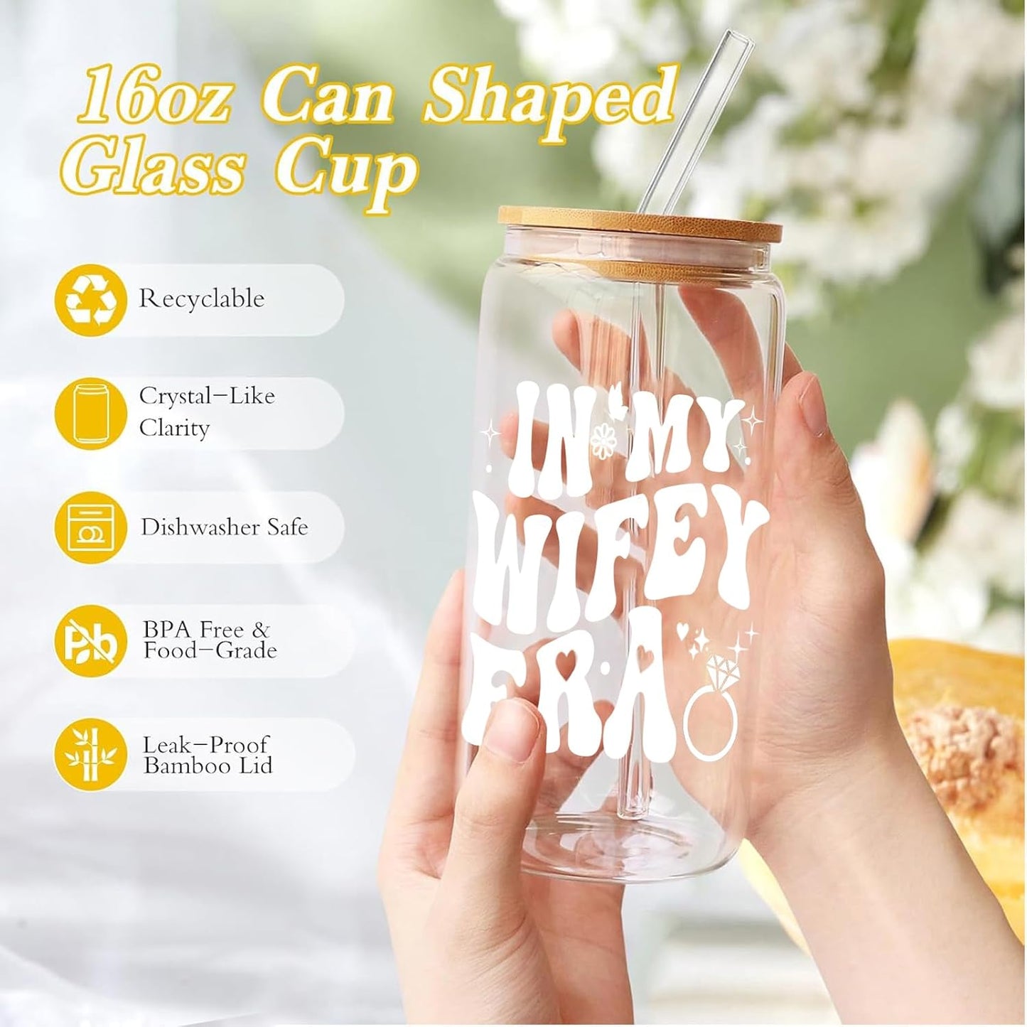 Bridal Shower Gifts Wifey Era Cup – Bridal Shower, Bachelorette,Wedding Gifts for Bride to Be, Engagement Presents for Her, 16 oz Coffee Glass with Lid & Straw