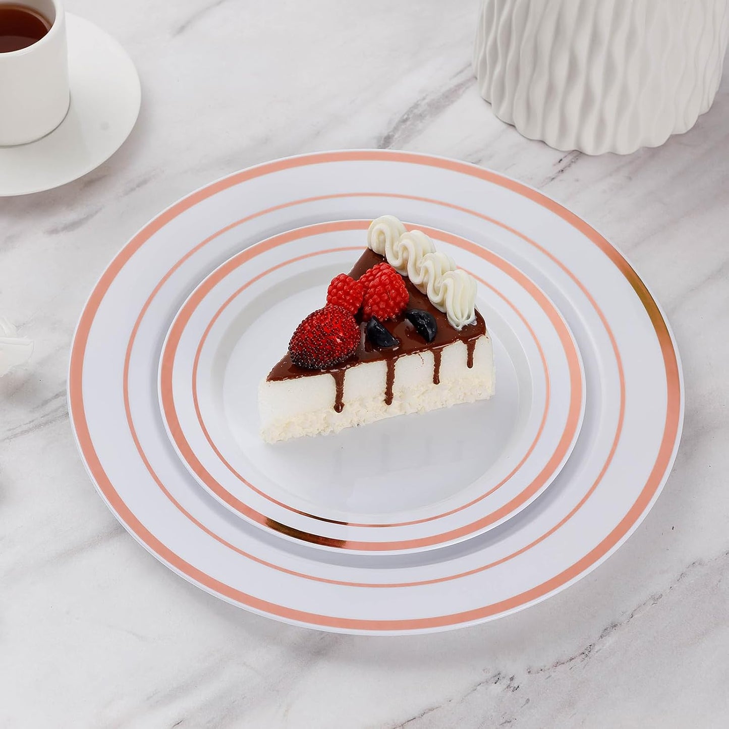 Goodluck 200PCS Rose Gold Plastic Plates, Heavy Duty Disposable Rose Gold Plates with 100 10.25 inch Dinner Plates and 100 7.5 inch Dessert Plates. Disposable Plates for Party, Wedding, Valentines