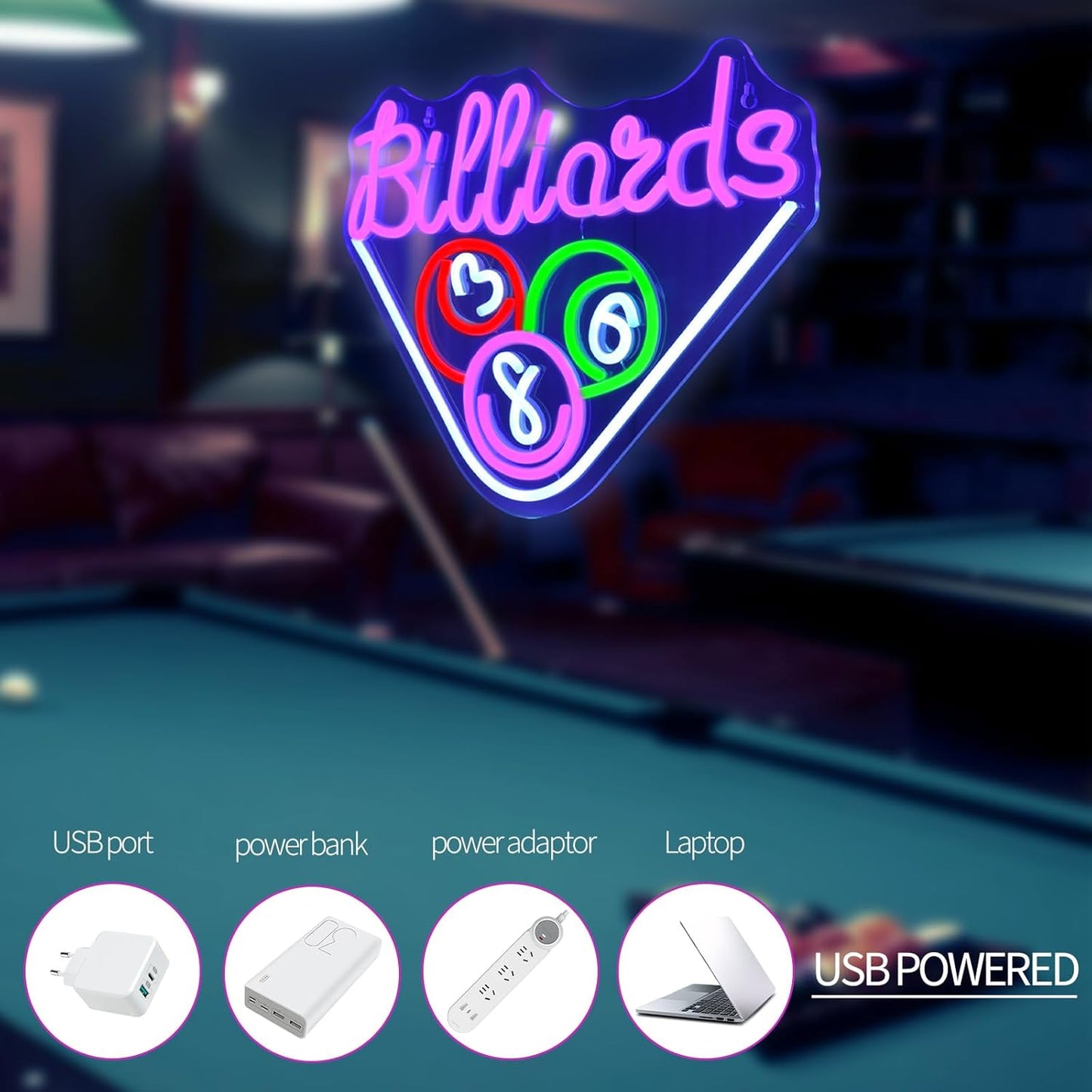 Billiards Neon Signs for Wall Decor Purple LED Light Sign for Preppy Room Decor Light Up Sign for Game Room Birthday Party Decoration USB Powered