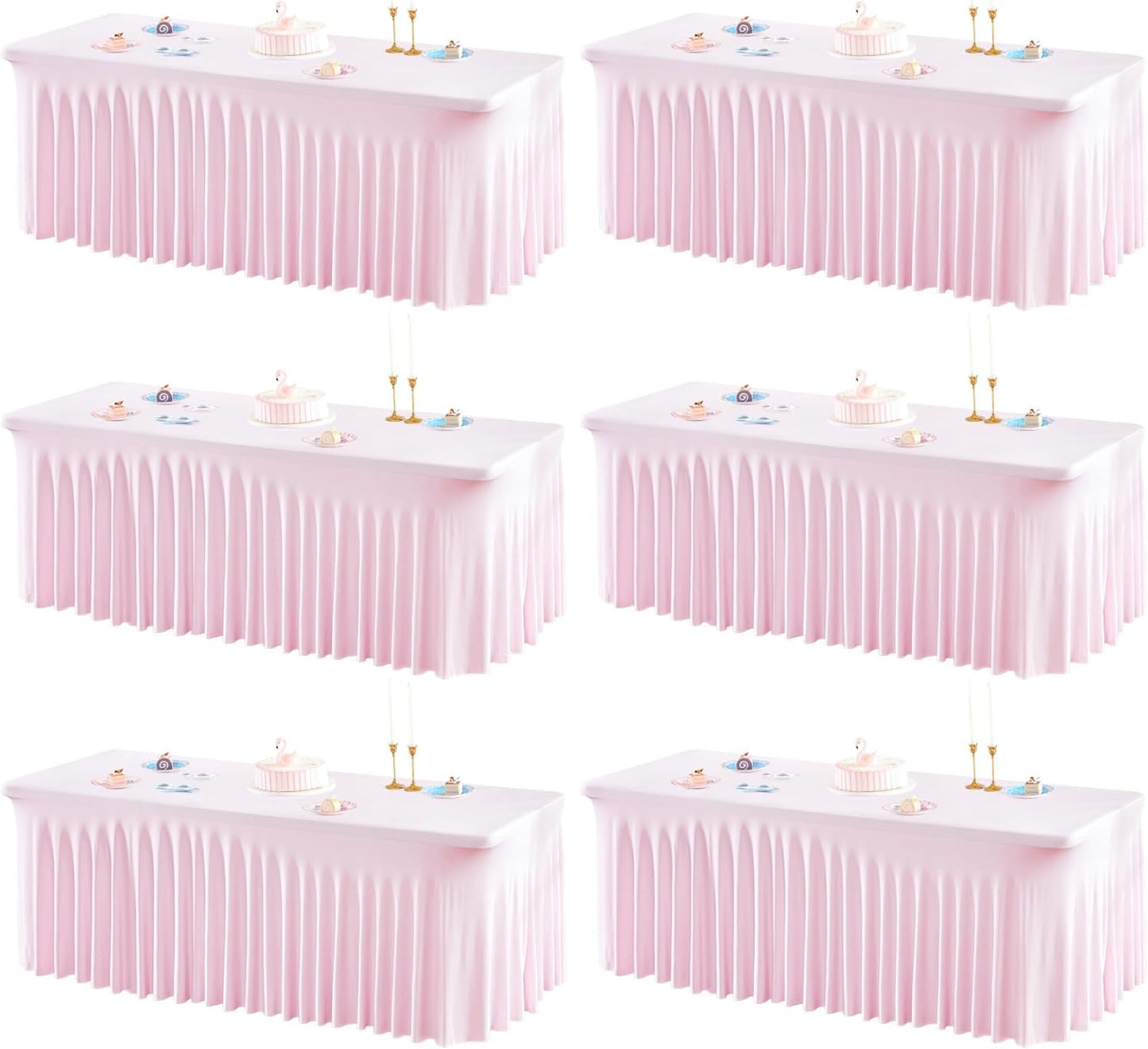 6 Packs Pink Table Clothes for 6 Foot Rectangle Tables, One-Piece Wrinkle Resistant Stretch Spandex Table Covers with Skirt for Event Banquet Wedding Birthday Party