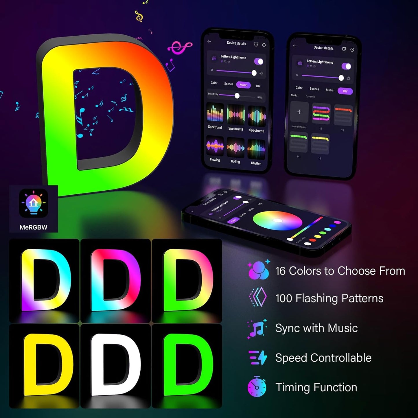 Light Up Marquee Letter - Music Sync RGB Color Changing LED Lights Logo Game Lights for Girls Women Party Birthday Christmas Valentine's Day Wall Desktop Decoration (MRGB-D)