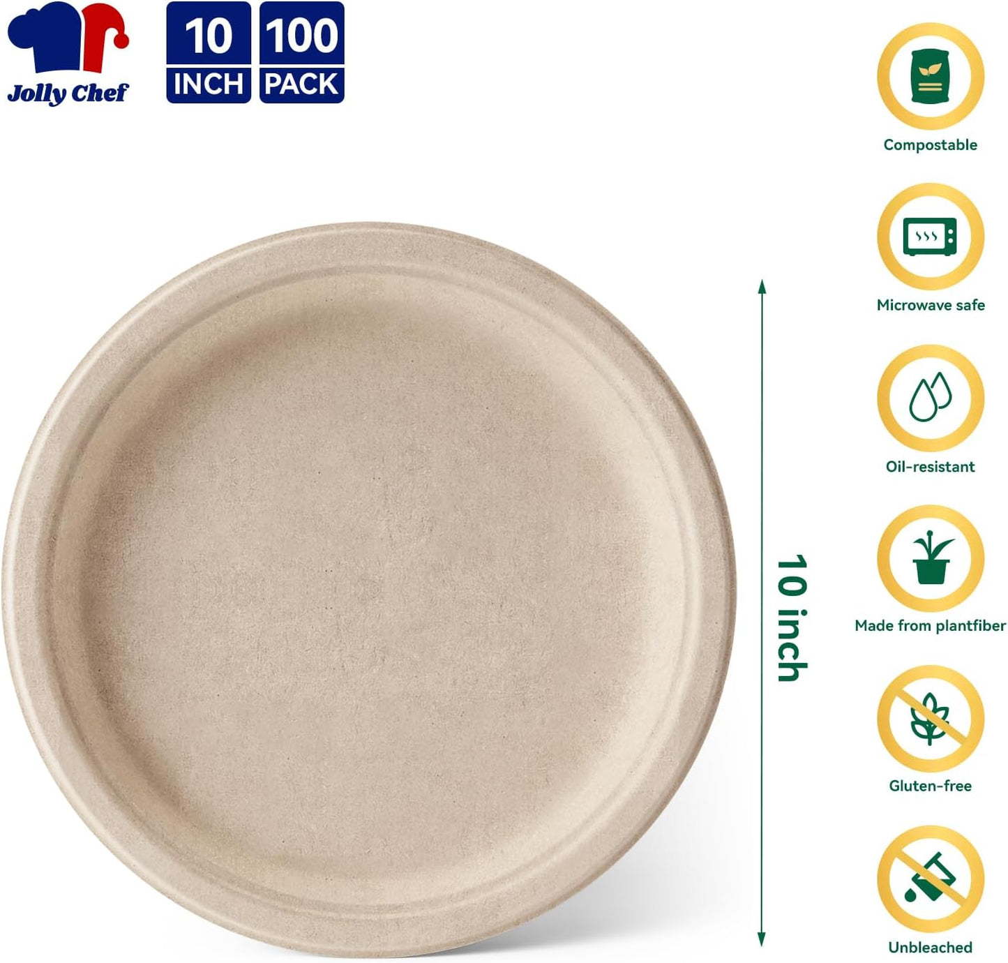 JOLLY CHEF Compostable Heavy Duty Plates 𝟭𝟬 𝗜𝗻𝗰𝗵 [𝟭𝟬𝟬 𝗣𝗮𝗰𝗸] Eco-Friendly Disposable Natural Paper Plate Bagasse Biodegradable Food Tray Bulk for Party Dinner Thanksgiving Day (Brown)