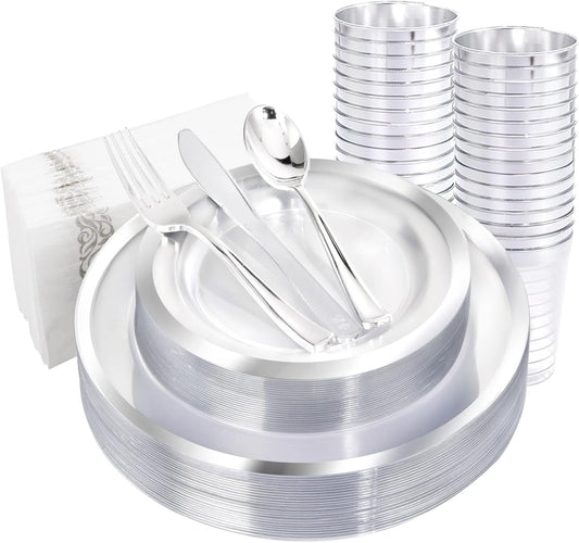 YOUBET 175PCS Clear Plastic Plates with Silver Rim include -Disposable Silver Plstic Plates Includes 50 Silvery Plastic Plate, 25Forks, 25Knives, 25Spoons, 25Cups, 25Napkins for Wedding & Party