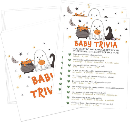 Halloween Baby Shower Trivia Game, 30 Halloween Gender Reveal Games for Guests (Included Answer Card) 5x7 inch, Perfect for Neutral Gender Reveal Decorations Party Favors Supplies