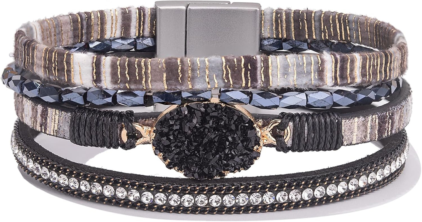 FANCY SHINY Leather Wrap Bracelet Boho Cuff Bangle Bracelets Crystal Bead Bracelet with Magnetic Clasp Jewelry Gifts for Women