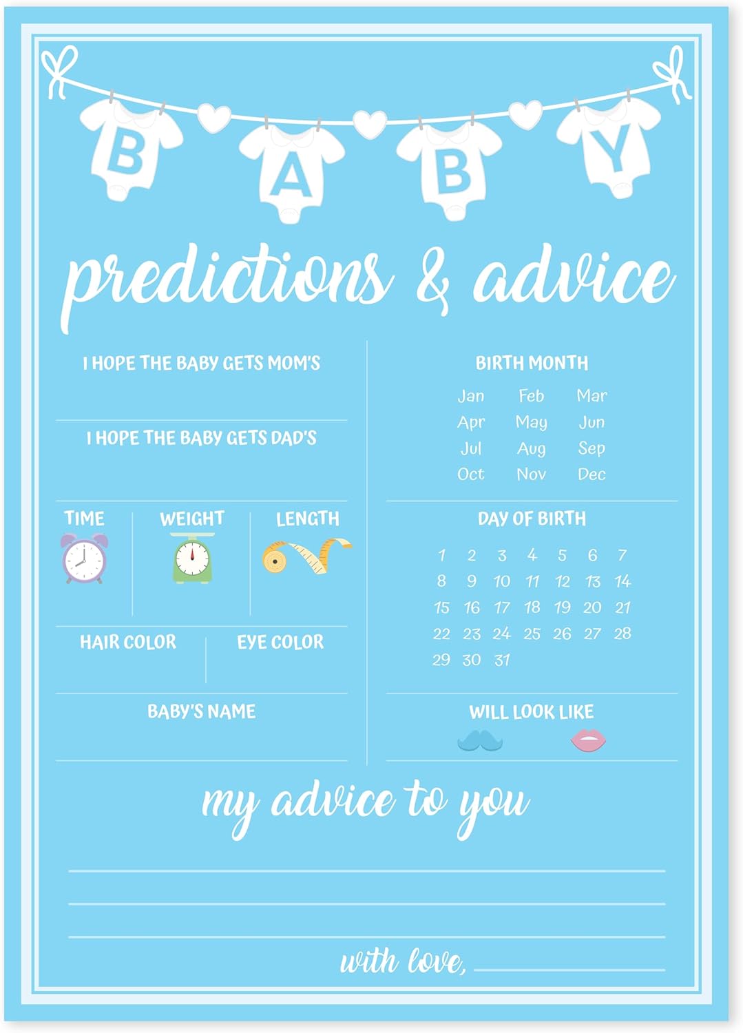 Party Hearty Baby Shower Games for Boy, 50 pcs Predictions & Advice Game, Fun Activity Cards, Baby Shower Ideas