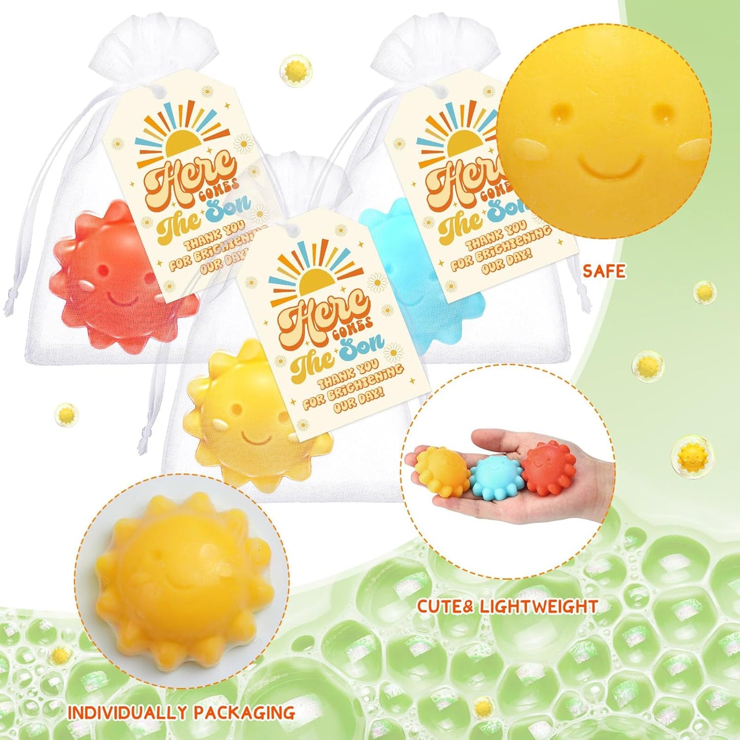 Leelosp 60 Sets Sun Soaps Baby Shower Favors Here Comes the Sun Baby Shower Gifts Mini Handmade Soaps with Thank You Card and Organza Bags for Guest Gender Reveal Sunshine Party Decor(Colorful,Funny)