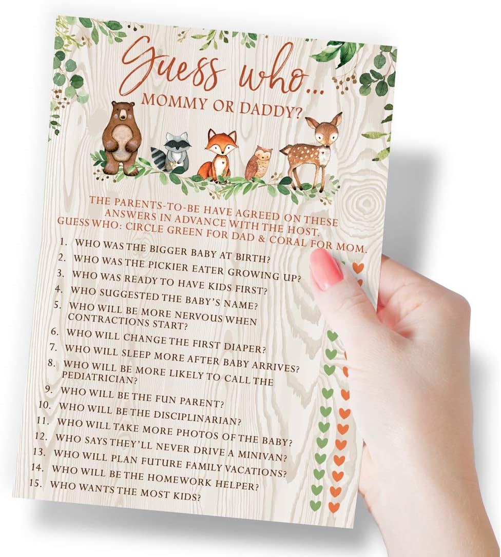 Printed Party Baby Shower Games – Guess Who Mommy or Daddy Game for Boy or Girl, Woodland Forest Animals Theme, 50 Cards