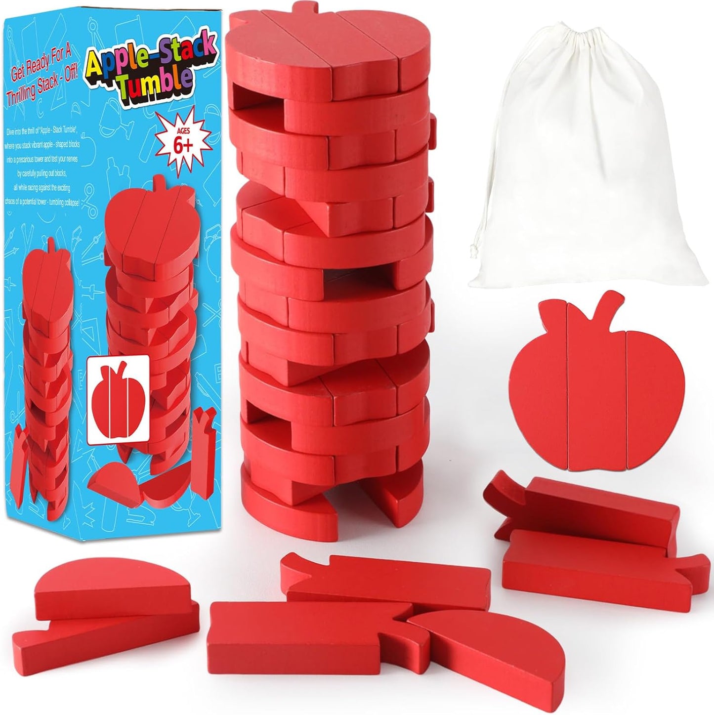 Tower Stacking Game Fall Thanksgiving Games Apple Shape Wooden Blocks Tumbling Tower and Balancing Game for Family Adults Team Indoor Building Friends Group Coworkers Games Fun Party Activities