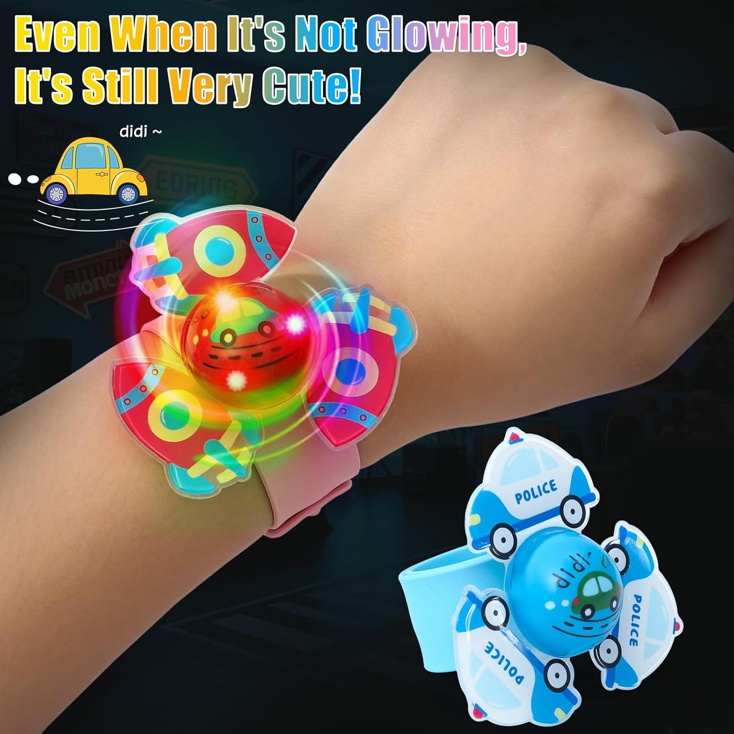 12Pcs LED Light Up Rotating Slap Bracelets Car Party Favors Glow Bracelets, Transportation Glow In The Dark Party Supplies Birthday Gifts Goodie Bag Stuffers Classroom Rewards for Kids Boys Girls