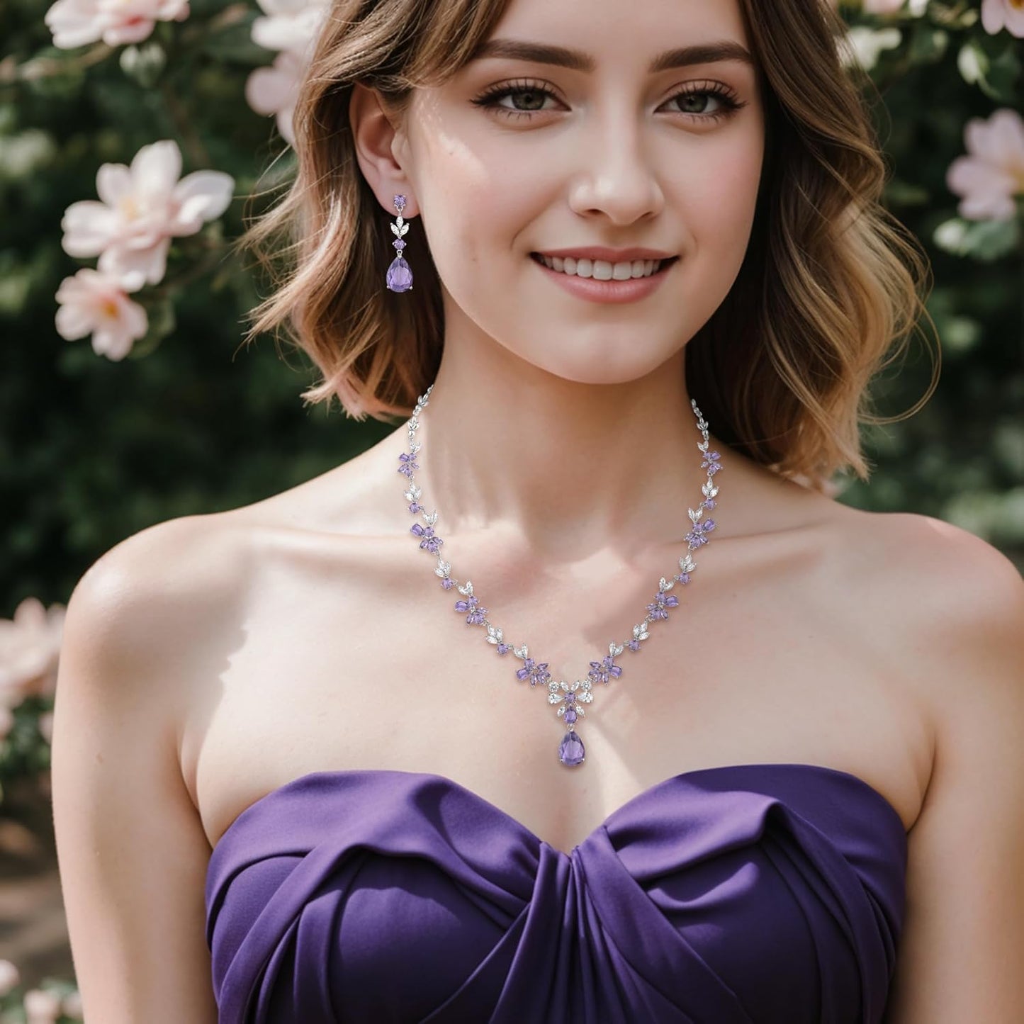 EVER FAITH Bridal Jewelry Set for Bride Bridesmaid, Flower Leaf Teardrop Cubic Zirconia Necklace Dangle Earrings Bracelet Sets Wedding Party for Women