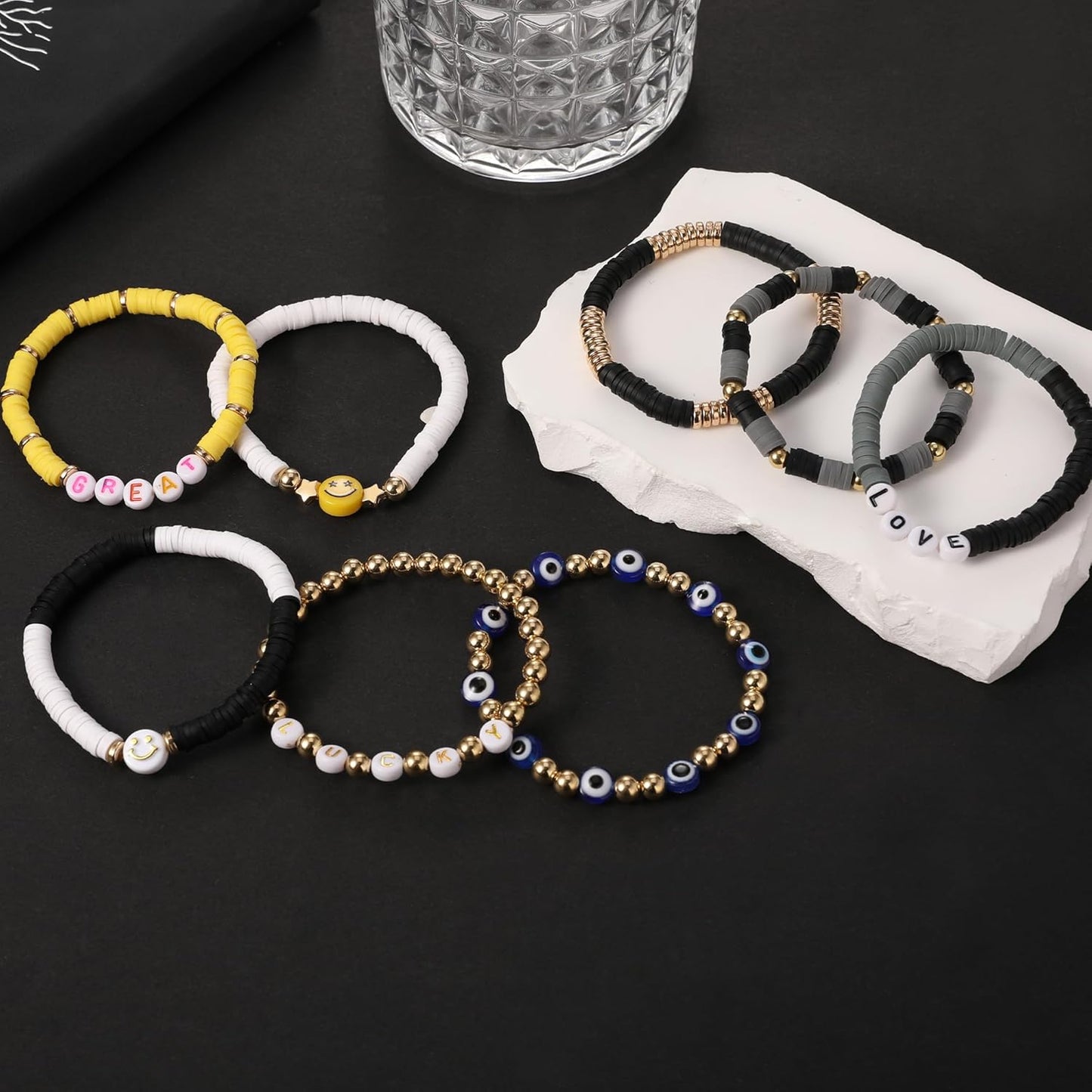 Preppy Bracelets Set Colorful White Gold Smile Heart Star Polymer Beaded Pearl Clay Stackable Charm Y2K Kidcore Aesthetic Summer Beach Bohemian Stretch Layering Bracelets Jewelry for Girls Women Teens