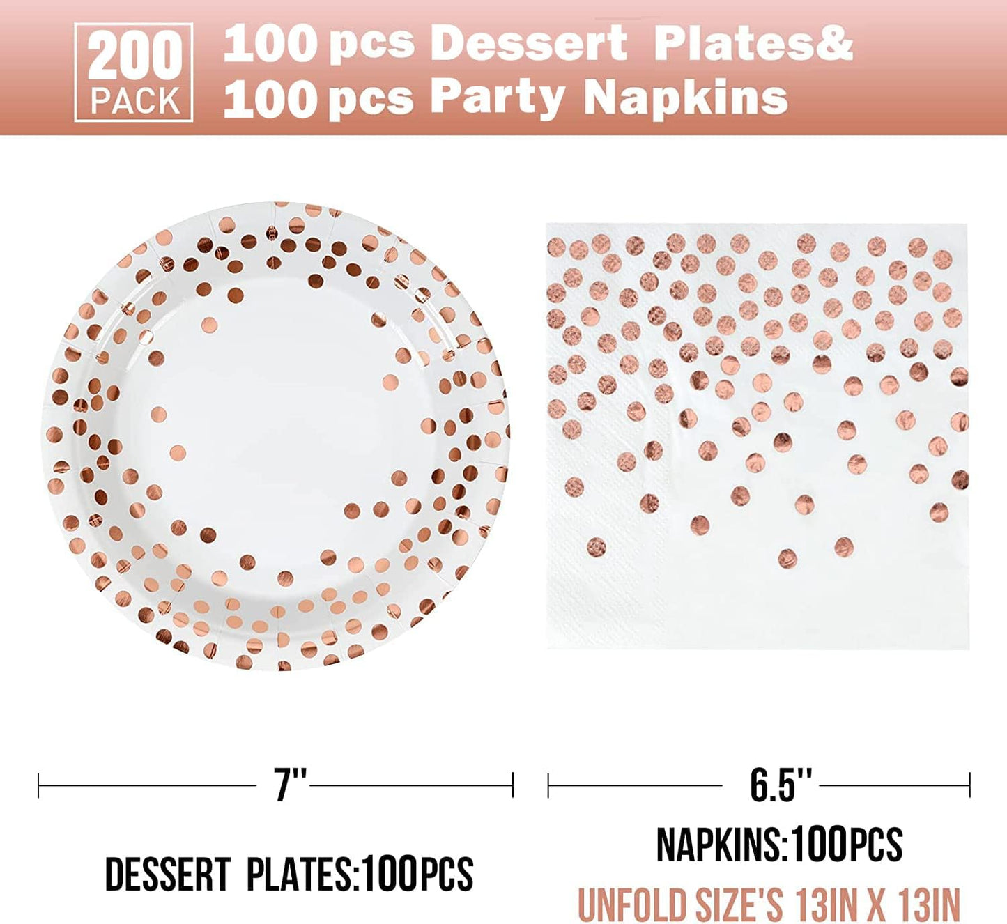 Rose and White Gold Paper Plates and Napkins-200PCS-100 x 7" Plate & 100 x 6.5"" Napkins,Disposable Rose Paper Plates and Napkins Party Supplies for Birthday,Wedding,Bridal Showers,Anniversary
