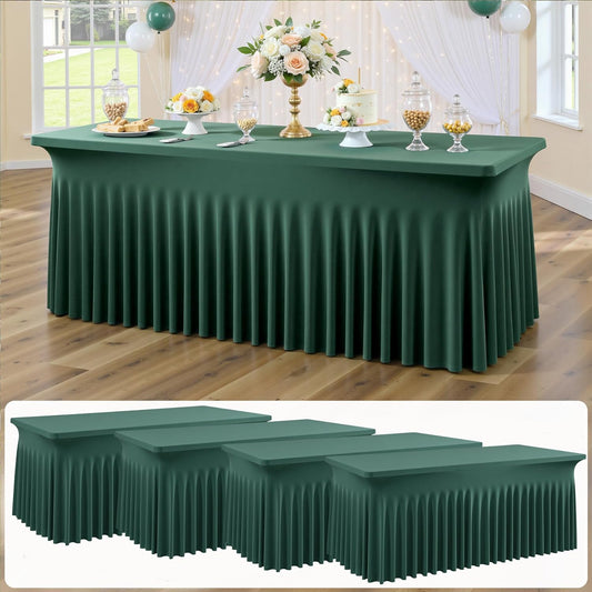4 pk Hunter Green Spandex Tablecloth for 6 Foot Rectangle Tables, Wrinkle Free Fitted Spandex Table Covers 6ft Green Stretch Table Cloths with Ruffle Skirt for Parties Weddings Banquet Baby Shower