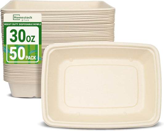 Homestockplus 30 oz Rectangle Paper Bowls 50 Pack Compostable Disposable Bowls for Party, Heavy Duty Large Disposable Serving Bowls for Tacos, Salads, Burrito, Pasta, Snacks, and Baked Potatos