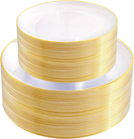 PULOTE 100PCS Clear and Gold Plastic Plates - Heavy Duty Clear Disposable Plastic Plates With Gold Trim for Wedding&Party Include 50 Dinner Plates, 50 Dessert Plates