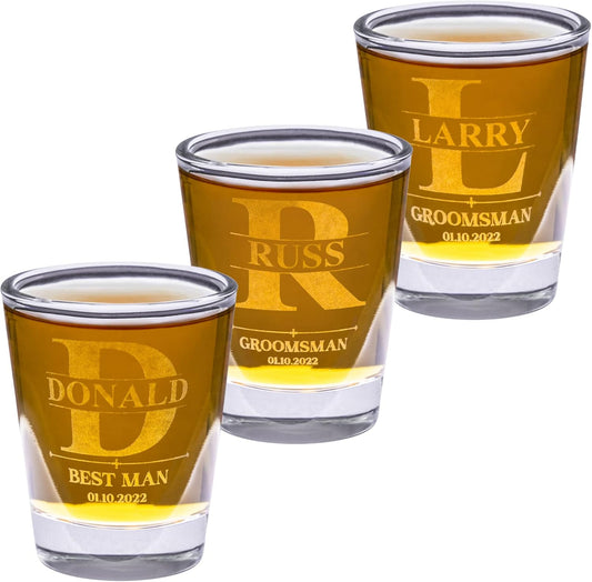 Gifts Inscribed Personalized Shot Glasses Set of 3 – Custom Engraved Groomsmen Glasses – Wedding, Bachelor Party, Drinking Gift for Men, Whiskey Vodka Tequila Shooters