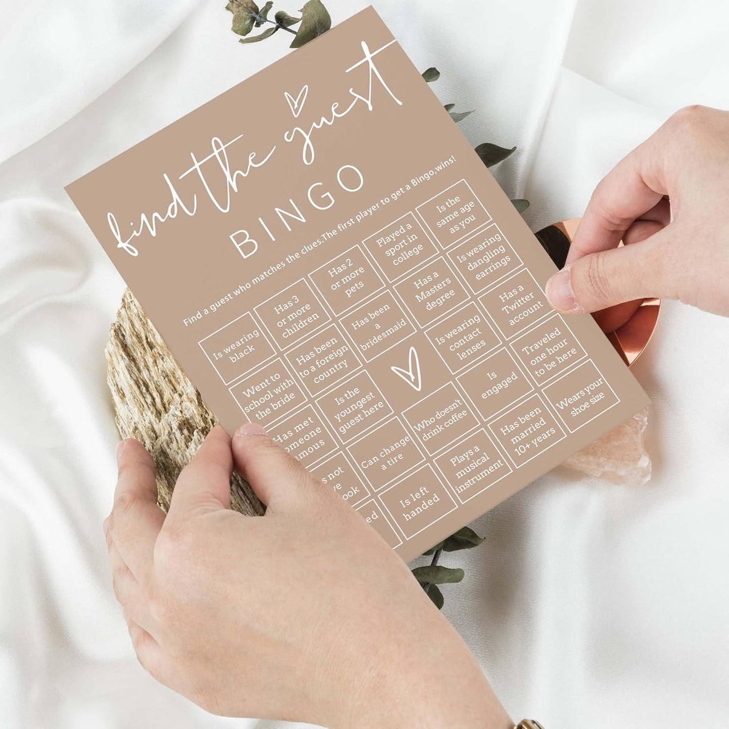 Bridal Shower Games Cards, 25Pcs Prefilled Find The Guest Bingo Game Cards, Engagement Party Games for Guests, Minimalist Brown Wedding Party Supplies - D19