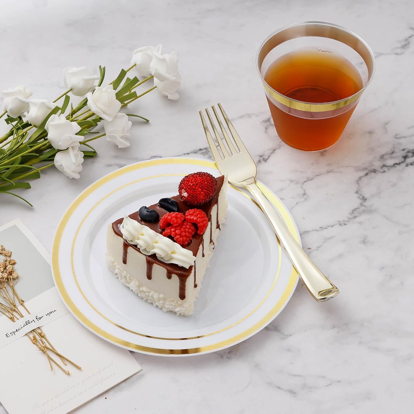 BESTVIP 450PCS Gold Dinnerware Set for 75 Guests, Plastic Plates for Party, 75 Gold Disposable Plates, 75 Dessert Plates, 75 Cups, 75 Spoons, 75 Forks and 75 Knives