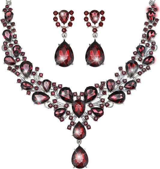 Hicarer Bridal Teardrop Cluster Crystal Jewelry Set for Women Necklace Earrings Wedding