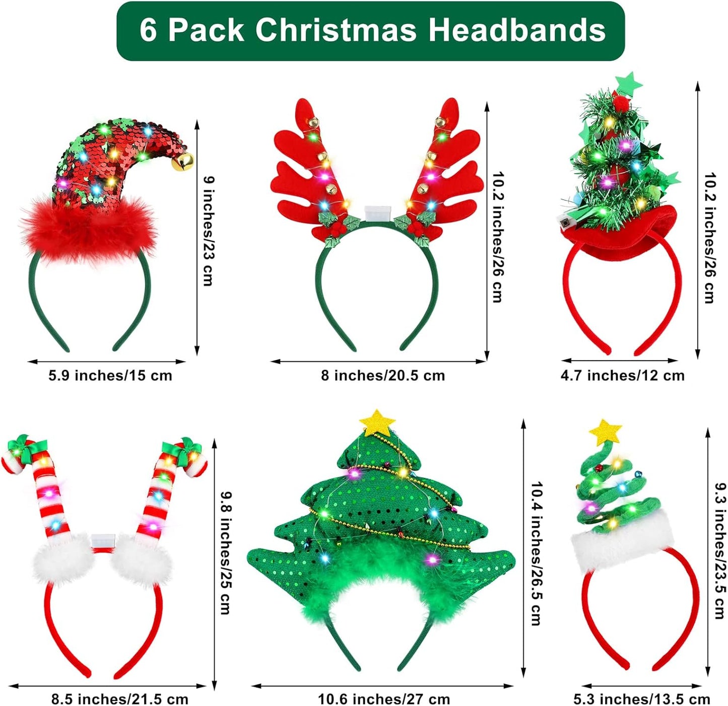 Aneco 6 Pack LED Christmas Headbands Assorted Christmas Tree Candy Canes Elf Hats Headwear Antler Costume Hair Hoop for Christmas Costume Accessory Party Favors