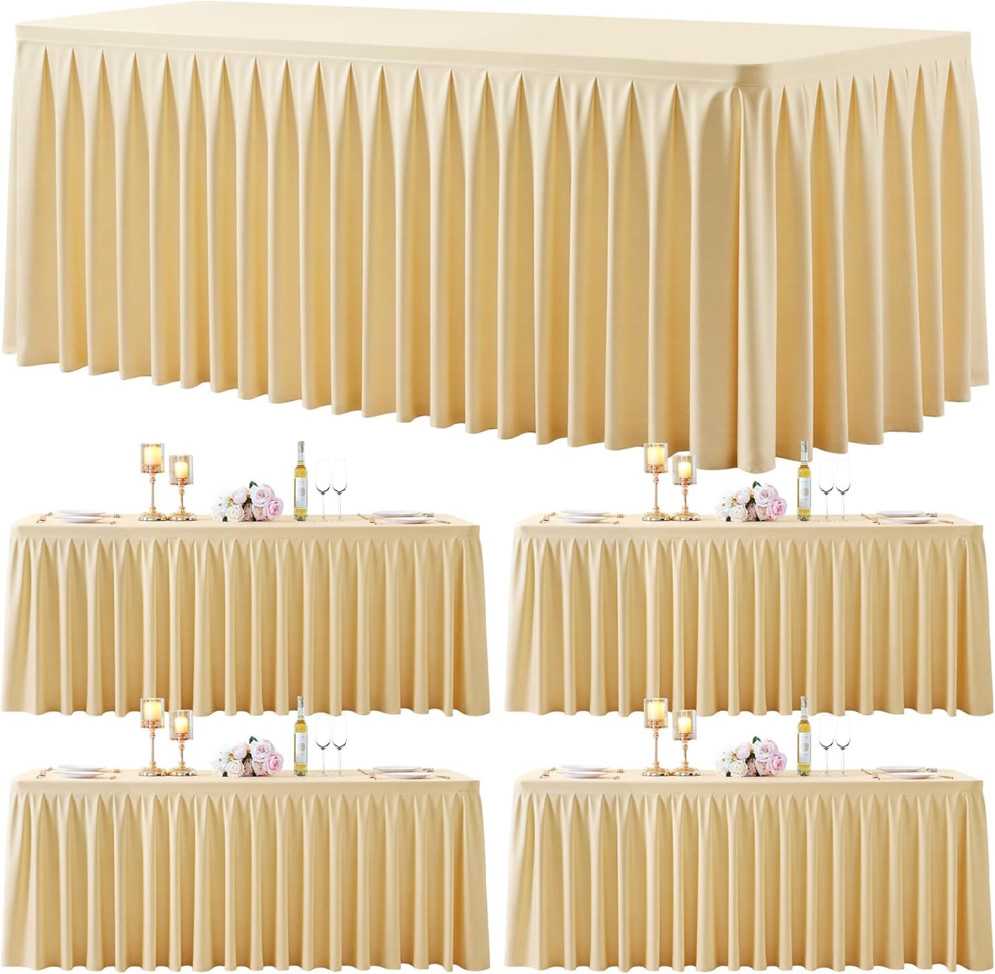 4 Pack Beige Rectangle Tablecloth 6 FT Stretch Spandex Fitted Table Cloth for 6 Foot Rectangle Tables Banquet Tablecloths Wrinkle Free Table Cover Skirt Ruffle Tablecloth for Party Wedding Birthday