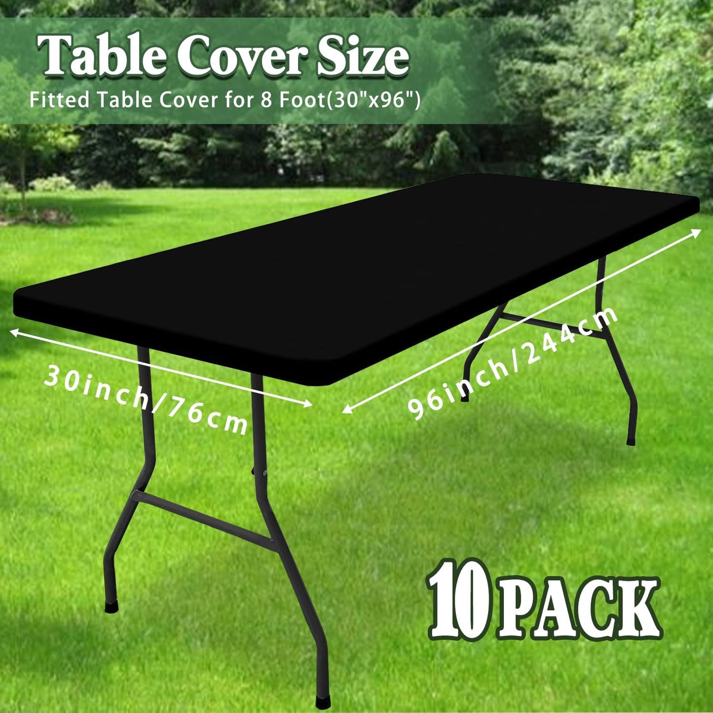 10 Pack Picnic Table Cover Fitted Tablecloth for 8 Foot Rectangle Tables Elastic Waterproof Stretch Washable Patio Folding Outdoor Spandex Table Cloth for Camping Banquet and Parties (Black,30" x 96")