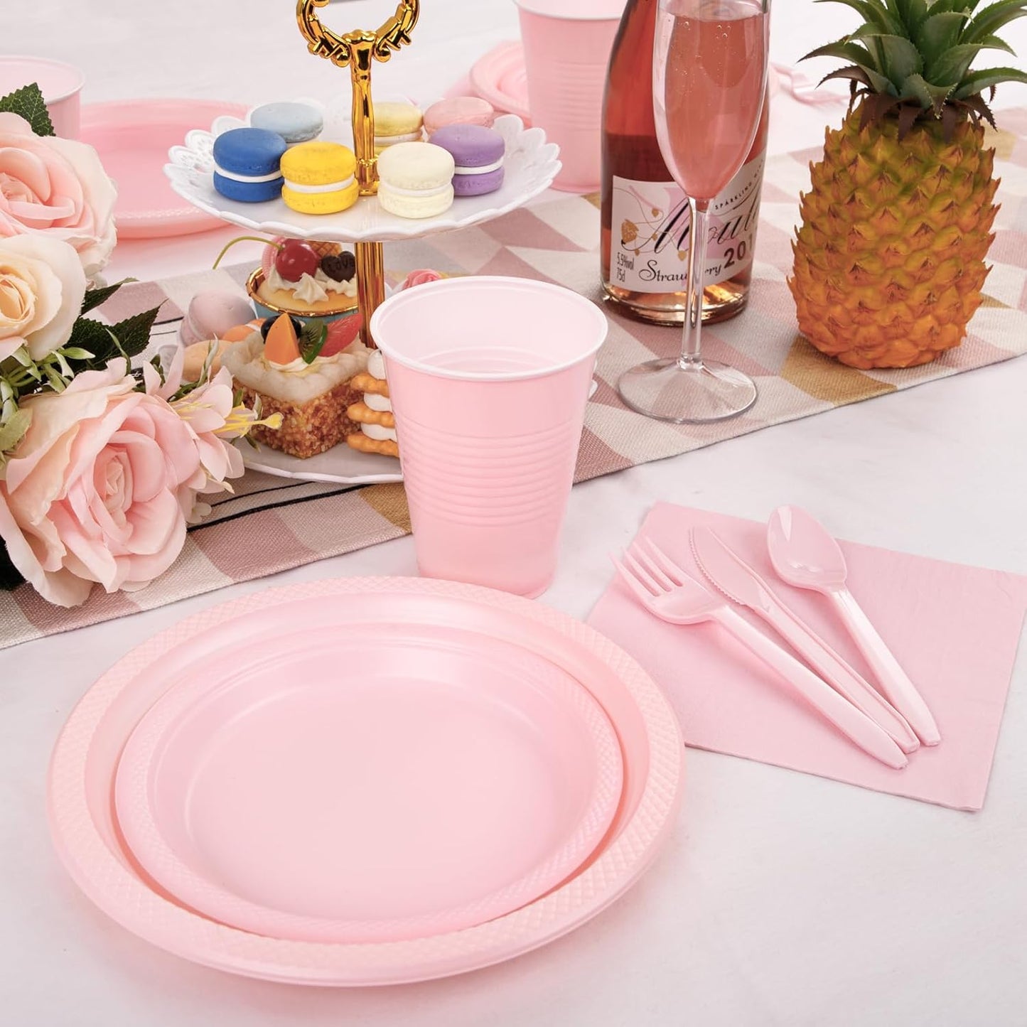 MirthMood 350pcs Pink Party Supplies Set, Disposable Plates Including Pink Plastic Plates, 12OZ Cups, Plastic Cutlery and Paper Napkins Serve 50 Guests for Wedding & Birthday & Party