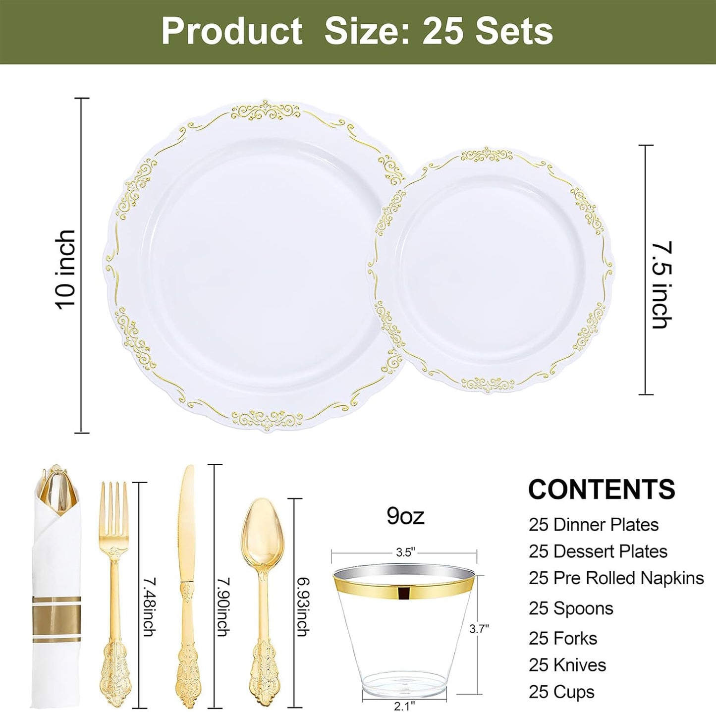 U-QE 175 Pieces Gold Plastic Plates and Napkins Party Supplies - White and Gold Dinnerware Set 25 Guest - 25 Dinner Plate, 25 Dessert Plates, 25 Per Rolled Napkins with Gold Cutlery, 25 Cups 9 OZ