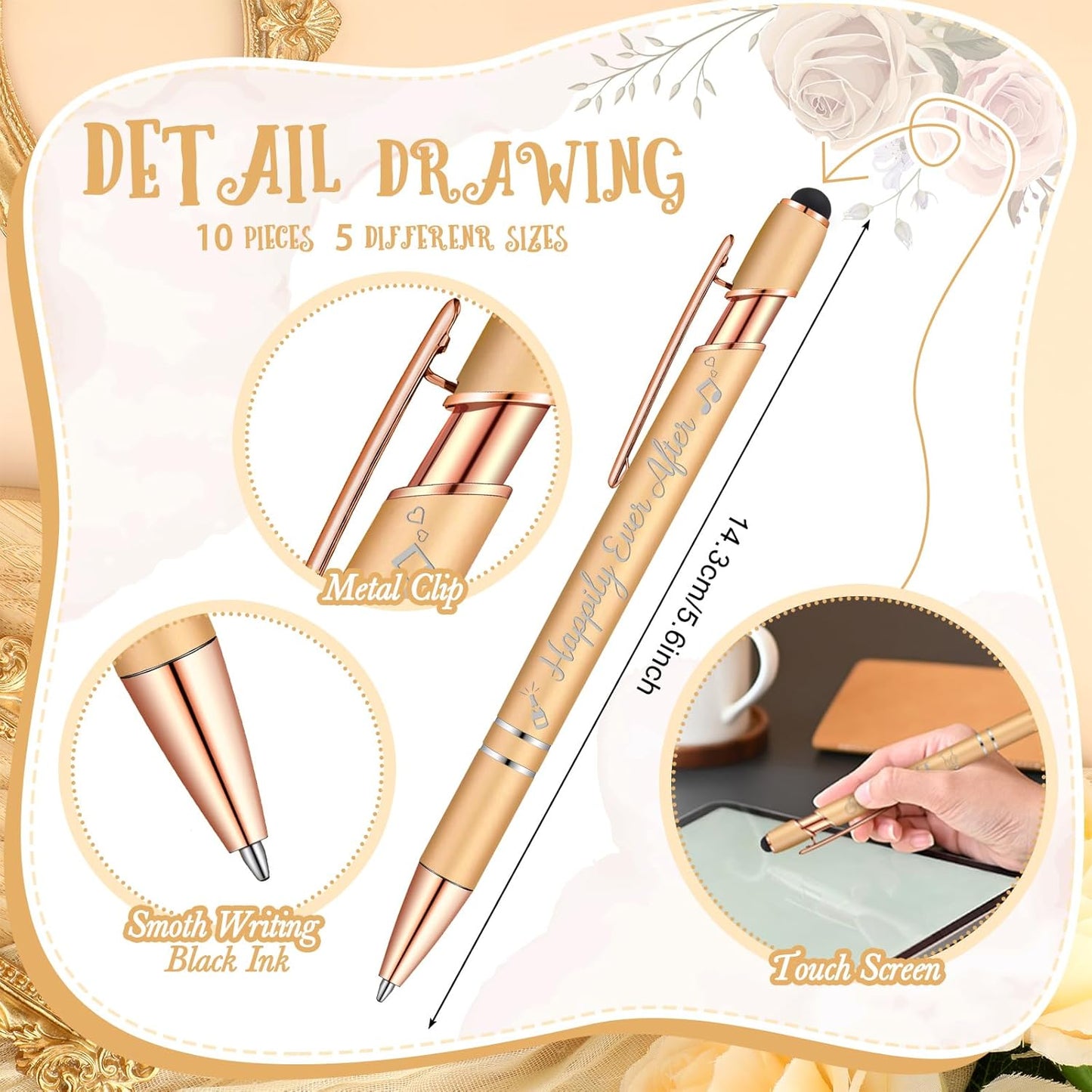 Kisston 36 Pcs Wedding Pens Bulk Bridal Shower Pens Favors Bachelorette 6 Styles Retractable Ballpoint Wedding Favors Supplies for Guest Game Office(Champagne)