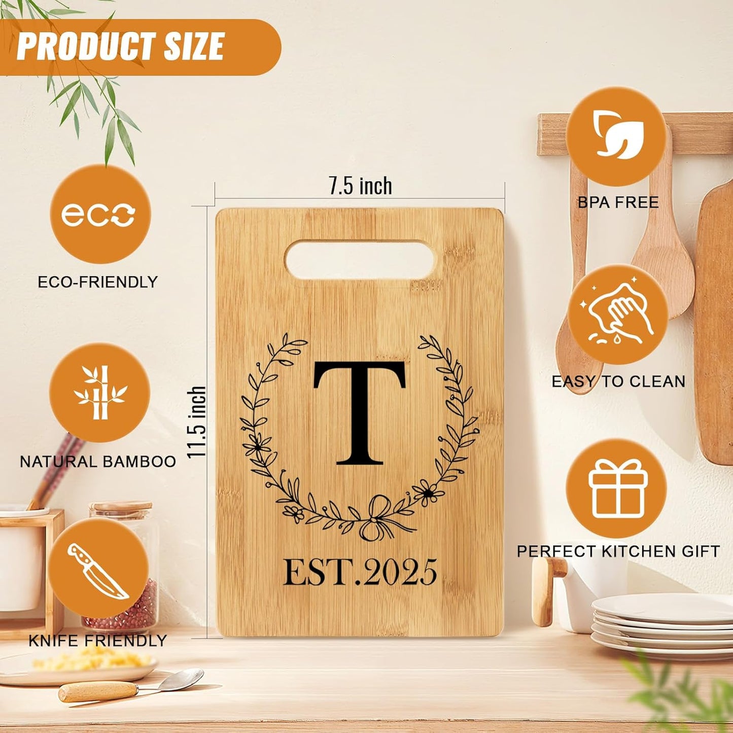 Personalized Cutting Board, Monogrammed Wedding Gift for Couple Newlywed 2025, Initial Birthday Gifts for Women, Gift for Bridal Shower Wedding Shower Engagement Anniversary Housewarming(Letter-T)