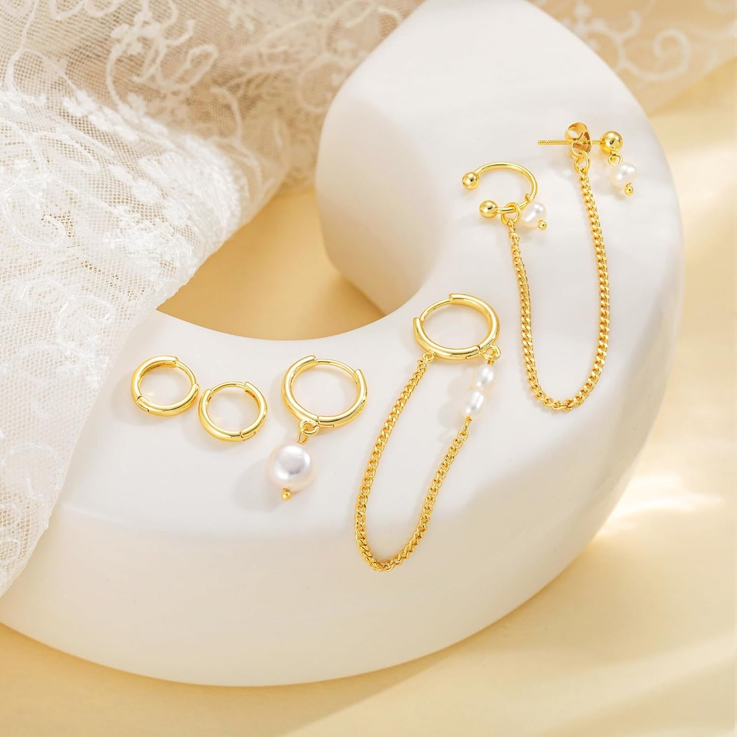 Moodear Gold Earrings for Women No Tarnish - Trendy 14K Gold Plated Pearl Hoop Studs Chain Earrings Stacks for Women Wedding Jewelry Gift