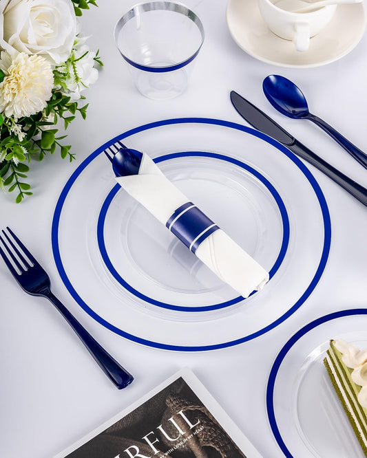 175Pcs Plastic Plates for Party, Disposable Clear Blue Dinnerware Set for 25 Guests, 50 Plastic Plates, 25 Cups, 25 Pre-Rolled Napkins with Cutlery for Party, Wedding, Thanksgiving, Christmas