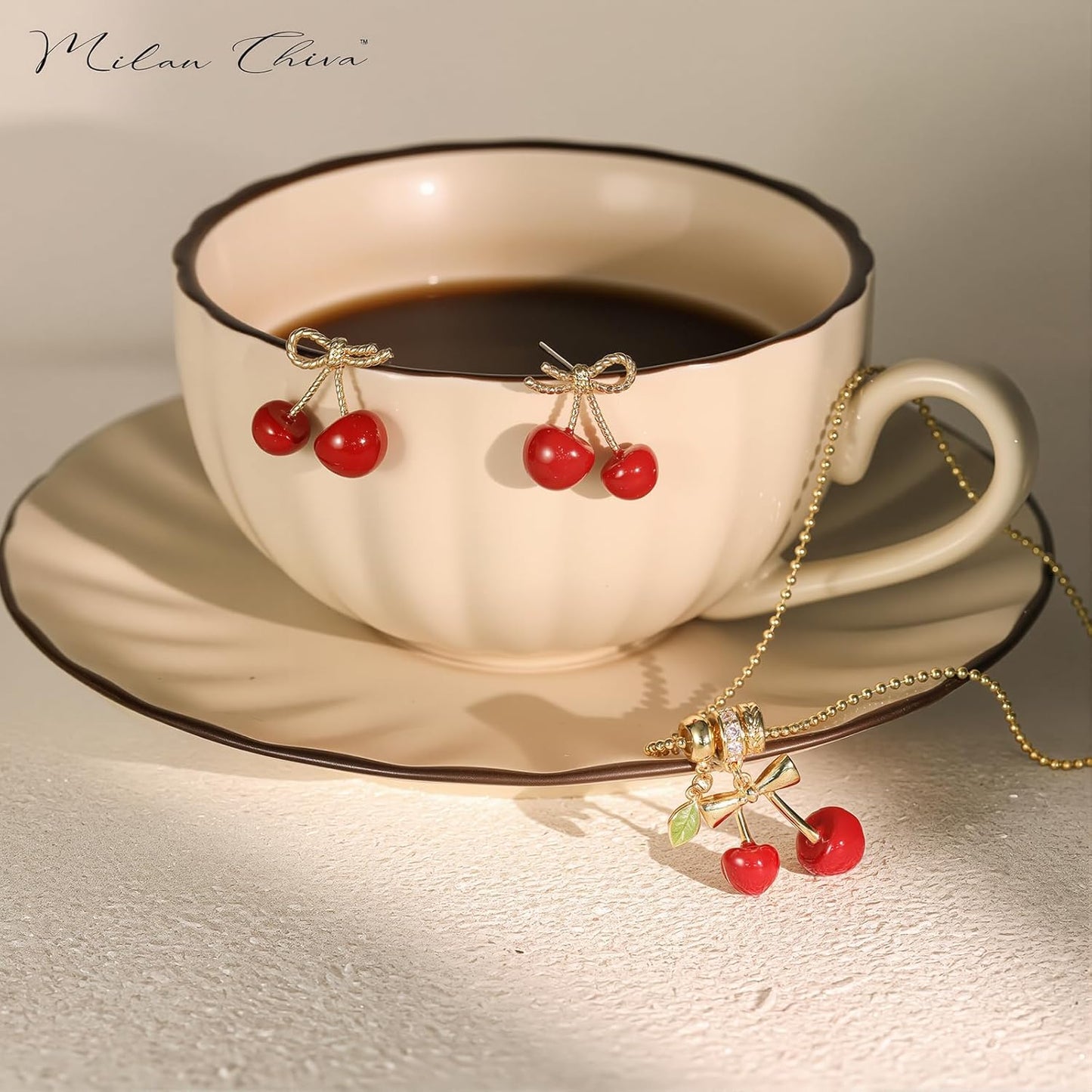 Milan Chiva Cherry Earrings Necklace Sets for Women 14K Gold Stud Earrings Cherry Pendant Necklaces Fasion Jewelry