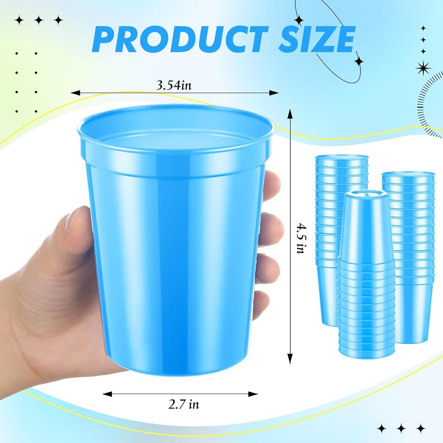Yungyan 50 Pack 16oz Stadium Cups Reusable Plastic Cups Blank Drink Tumblers for Parties, Events, DIY Projects, 4.5 x 3.54 x 2.72 Inch (Light Blue)