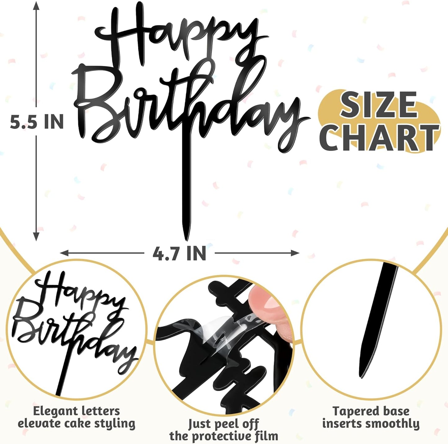 1PCS Acrylic Cake Topper, 4.7 Inches x 5.5 Inches Happy Birthday Cake Topper, Black Birthday Cake Decorations Flower Arrangements Sign for Baby Shower, Anniversary Decor