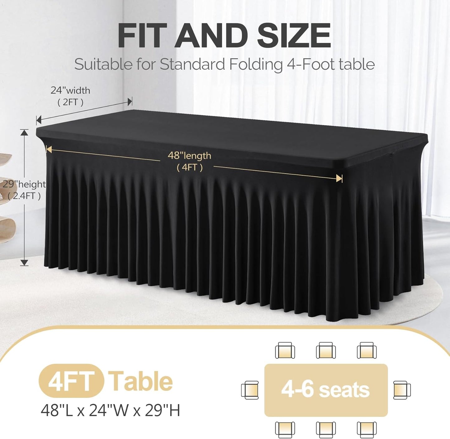 PARTISKY Black Spandex Tablecloth for 4ft Rectangle Tables, Stretchable Table Cover Skirt for Folding Tables Weddings Parties Banquets Events Trade Shows and Dessert Table