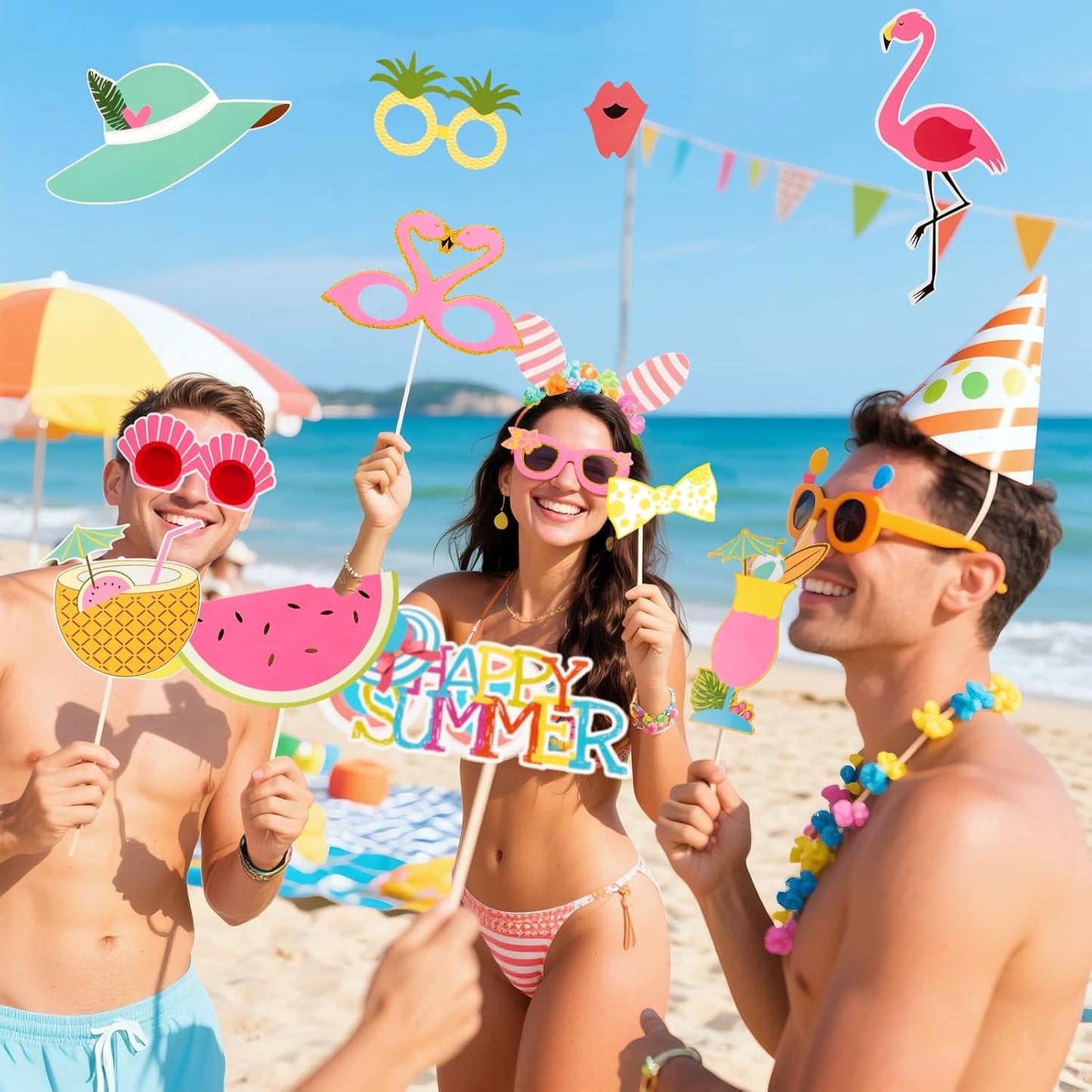 SUNBEAUTY 12 Pcs Summer Photo Booth Props Beach Summer Pool Party Decorations Luau Photo Booth Props Tropical Tiki Beach Pool Party Favors for Baby Shower, Birthday, Hawaii