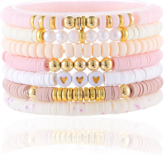 Friendship Bracelets Trendy Heishi Clay Bead Bracelets Stack Gold Beaded Stretch Bracelets for Women Boho Stackable Bracelets Bulk Cute Preppy Jewelry