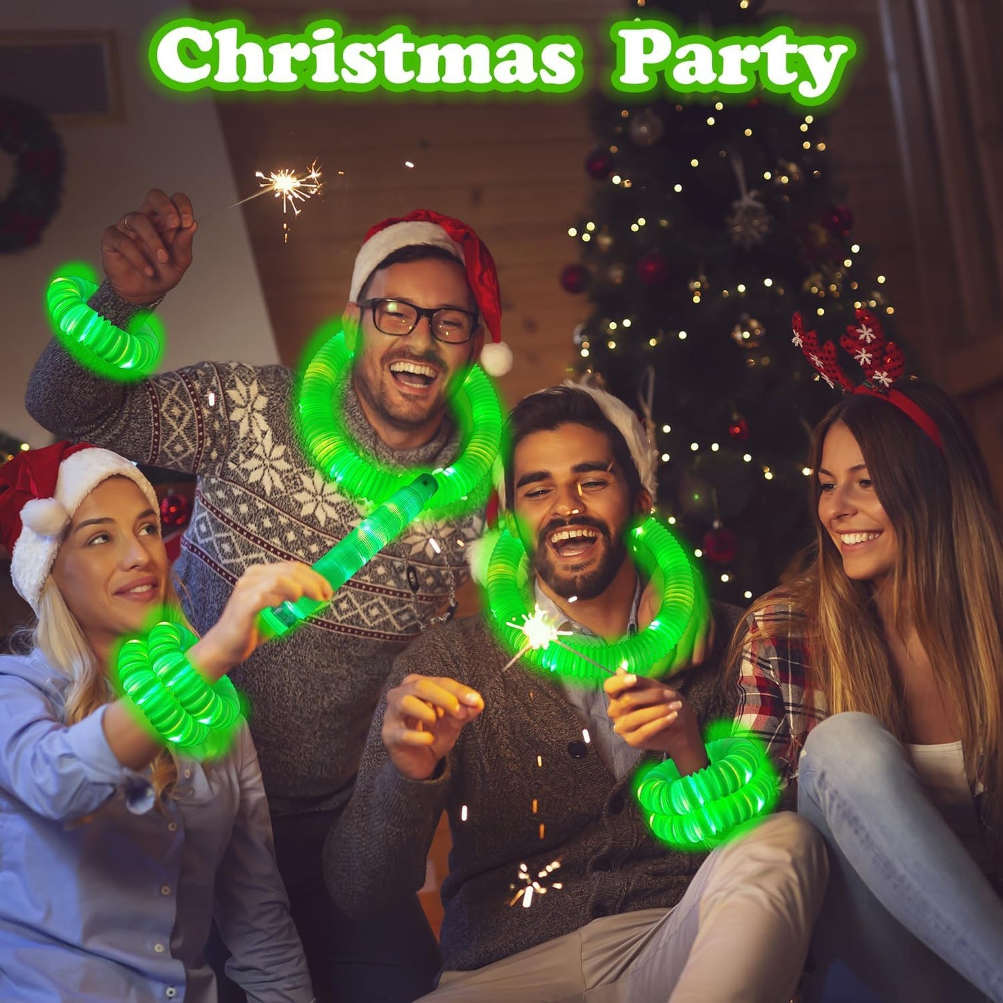 24 PCS Green Glow Sticks Christmas Party Favors for Kids, LED Light up Pop Tubes for Toddlers,Neon Necklaces Bracelets Accessories,Glow New Year Eve Party Supplies Birthday Dance Camping Decoration