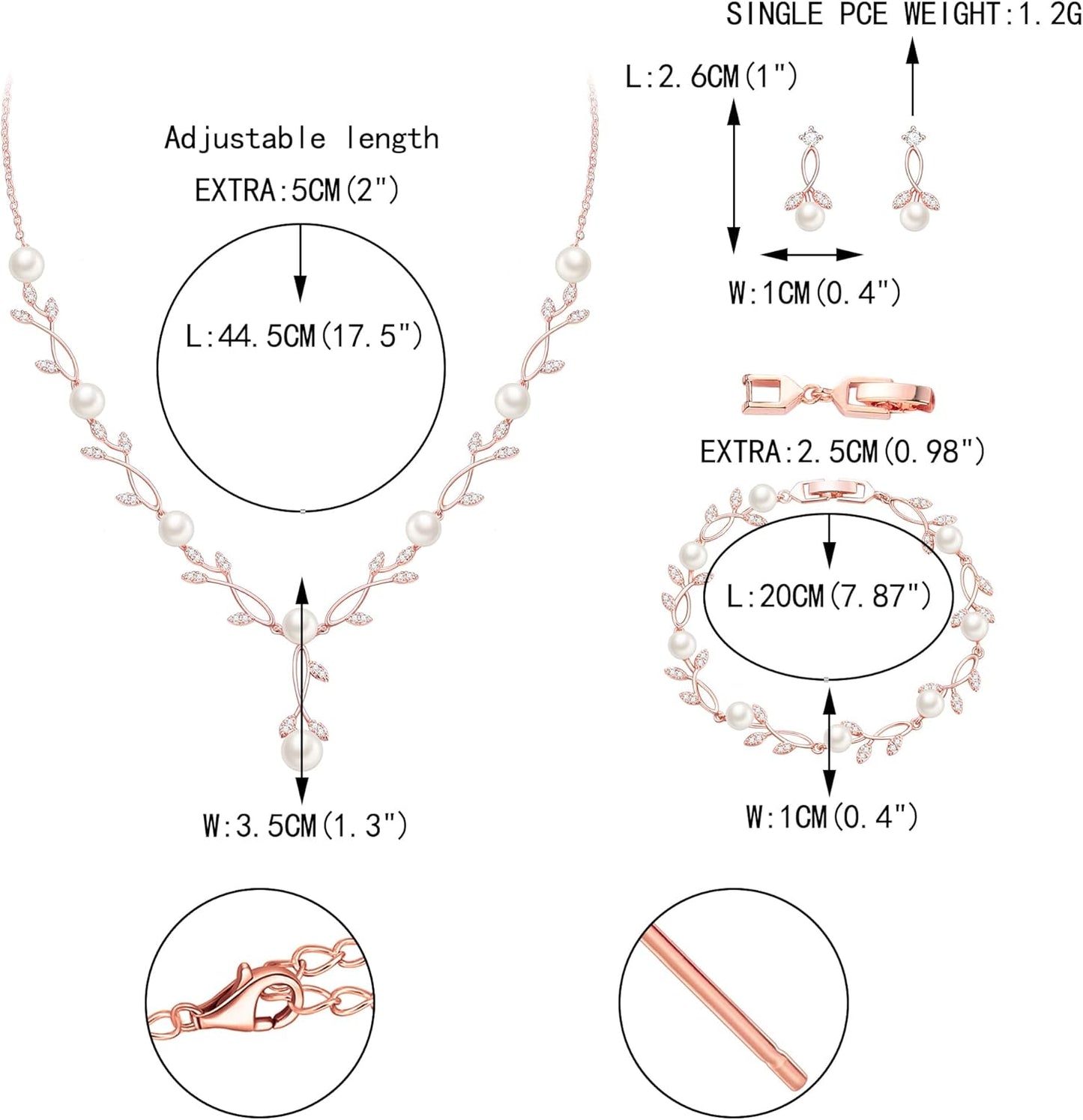 EVER FAITH Bridal Cubic Zirconia Jewelry Sets for Women, White Simulated Pearl Leaf Vine Pendant Wedding Party Necklace Earrings Set for Bridesmaid Bride