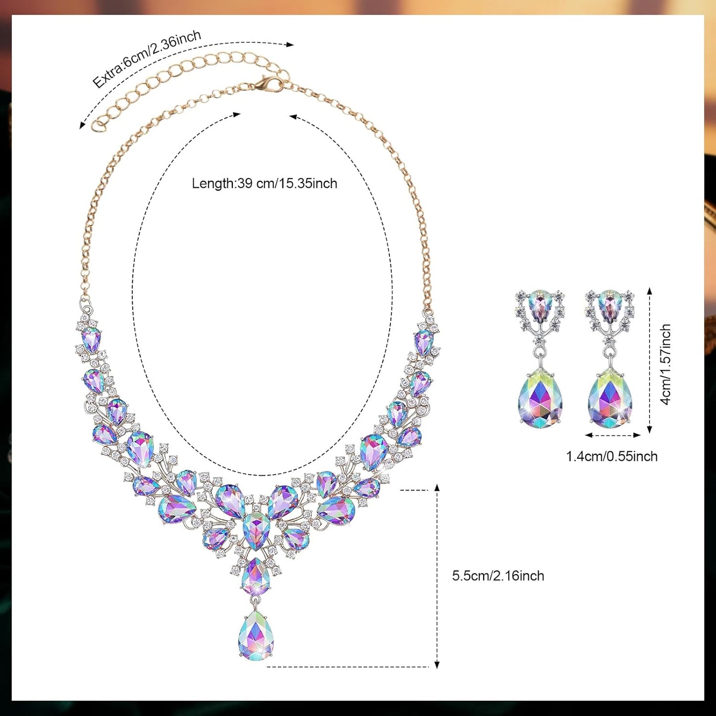 Hicarer Bridal Teardrop Cluster Crystal Jewelry Set for Women Necklace Earrings Wedding