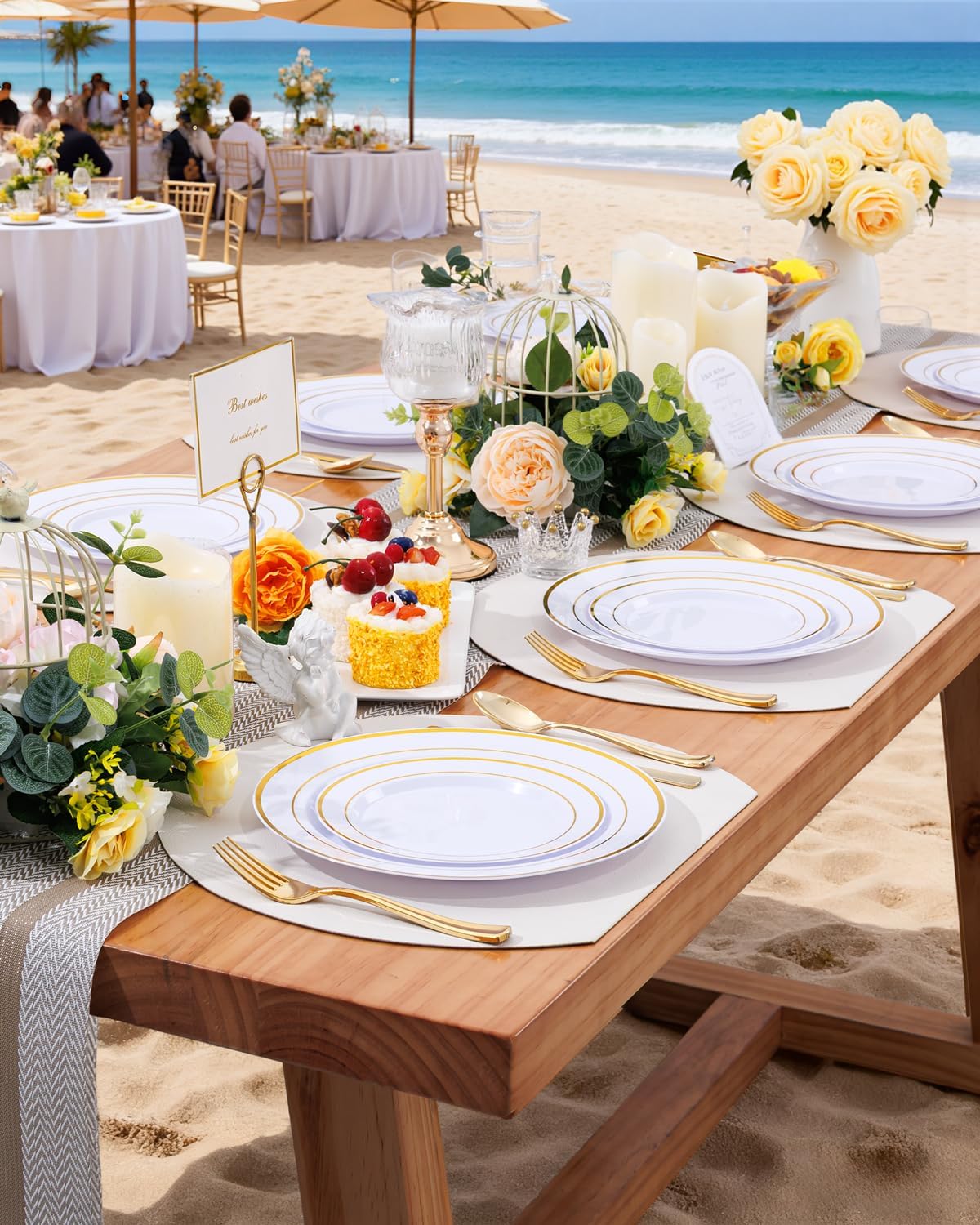 Supernal 60pcs Gold Plastic Dinnerware Set Includes Gold Plastic Plates and Disposable Silverware,Disposable Party Plates and Flatware Service for 12 Guests,Perfect for Birthday,Party,Wedding